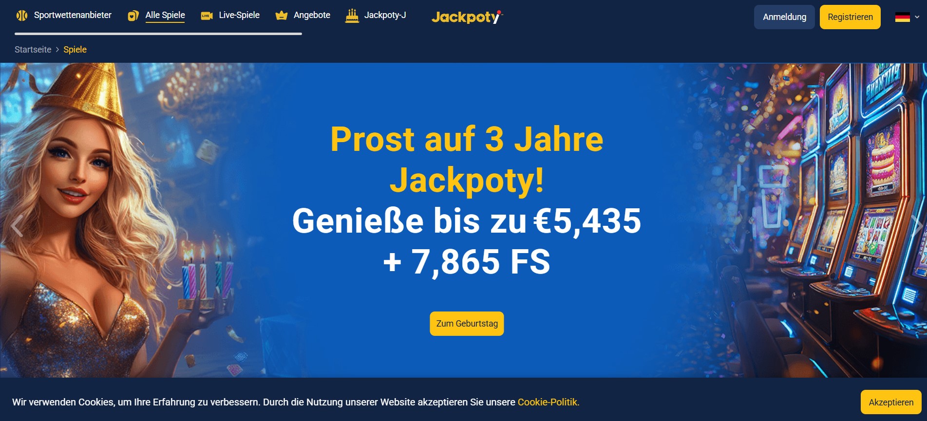 Feierliches Jubiläumsbild von Jackpoty mit einer Frau im Glitzerkleid, bunten Kerzen und blinkenden Spielautomaten – perfekt für Fans von Slots, Live Casinos und **Casino ohne Verifizierung** in Deutschland.